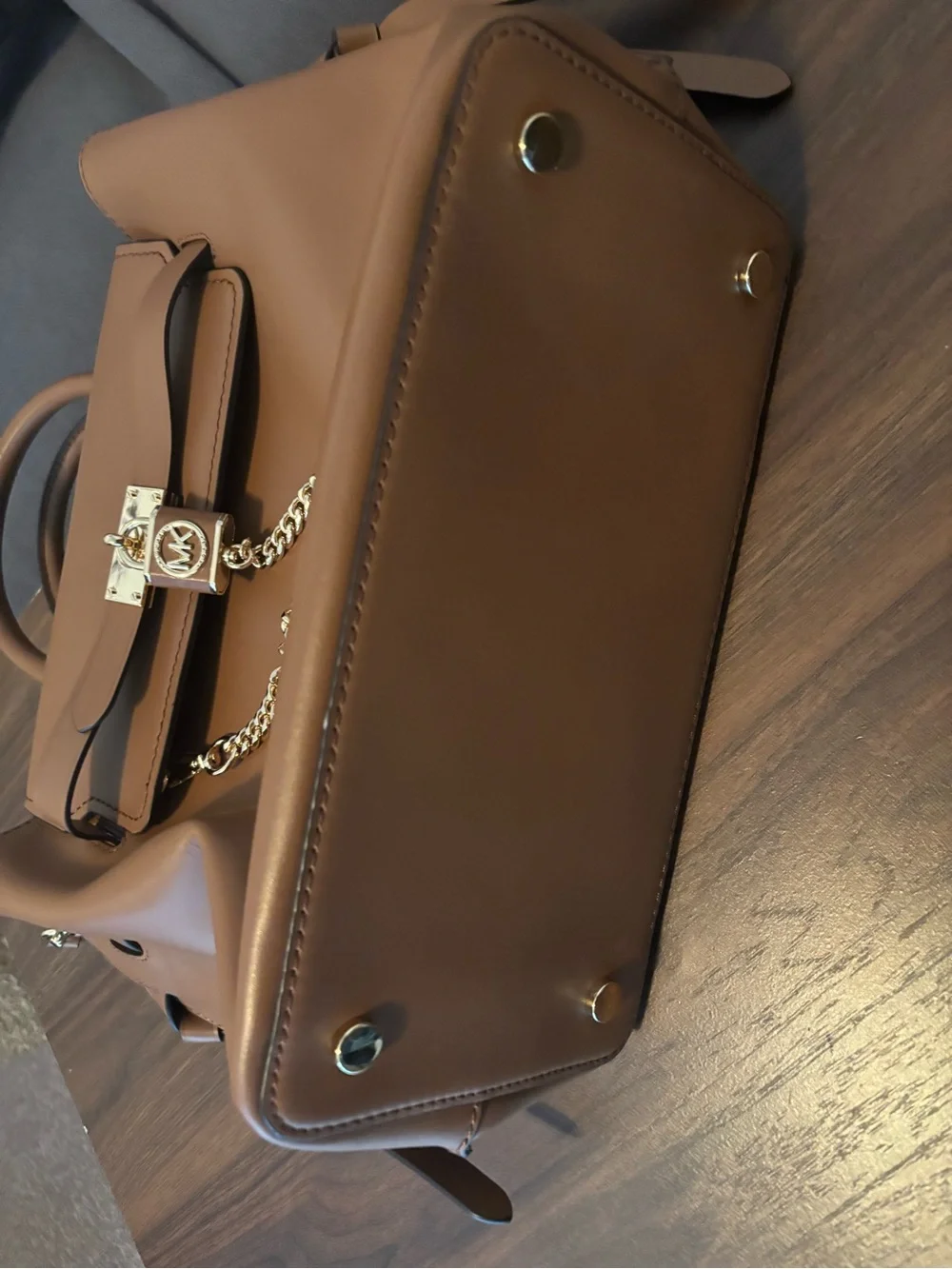 Michael Kors Camel Leather Satchel with Gold Chain Accent